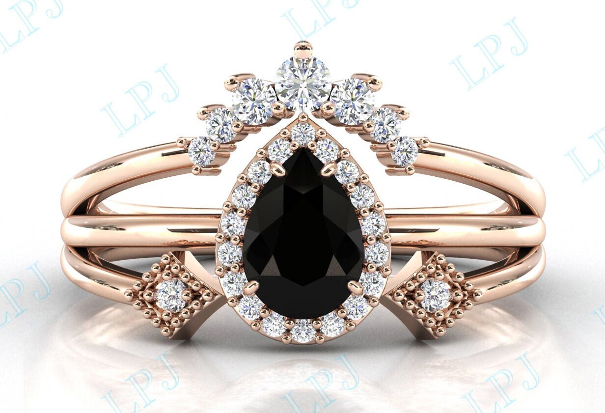Art Deco Stil Schwarzer Onyx Verlobungsring Set Für Frauen Rosegold Schwarz Ehering Unikat Hochzeit Jahrestag Ring Versprechen von LiverpoolJewelry
