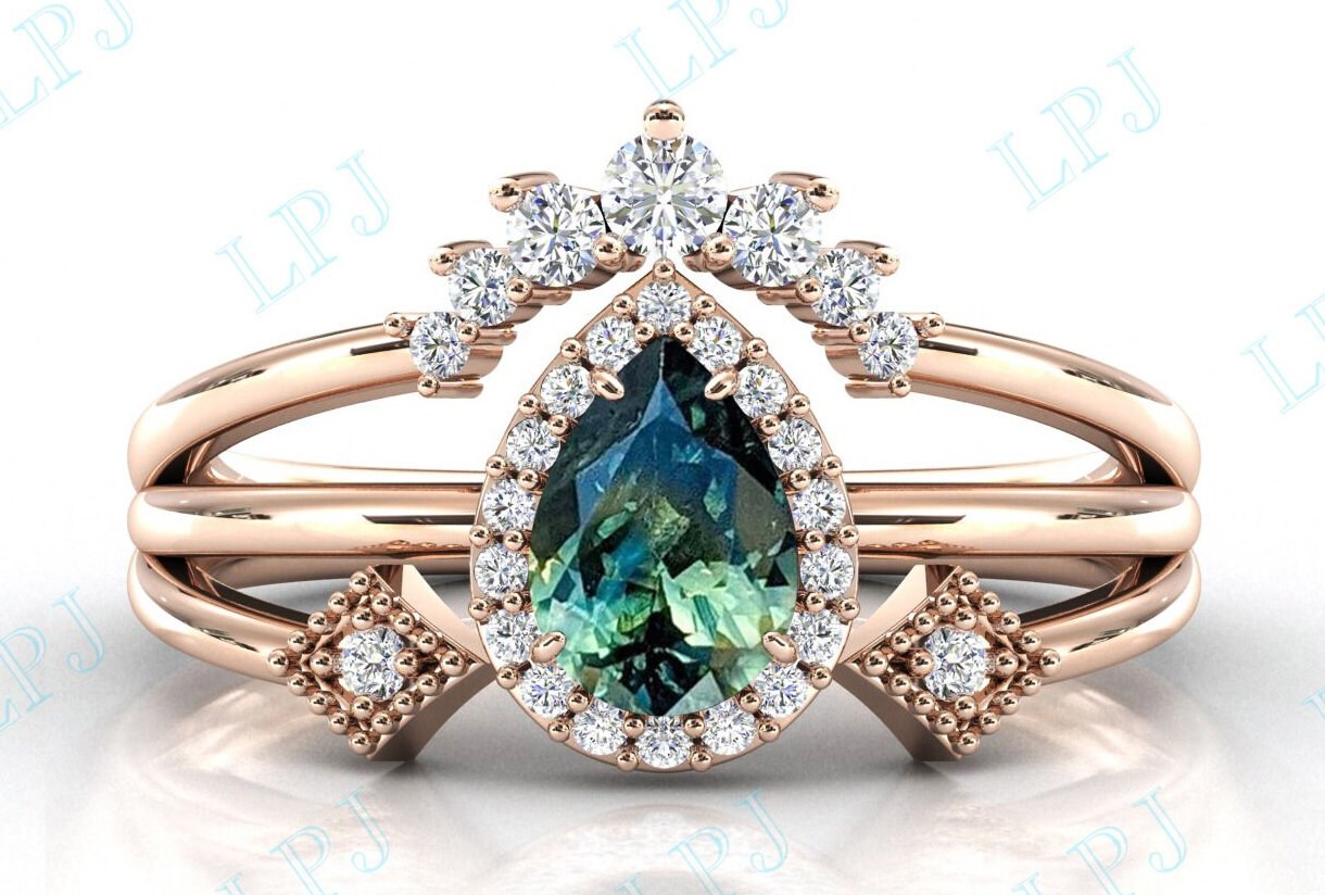 Art Deco Teal Saphir Verlobungsring Set Blau Grün Ehering Unikat Brautring Farbwechsel Ring Für Frauen von LiverpoolJewelry