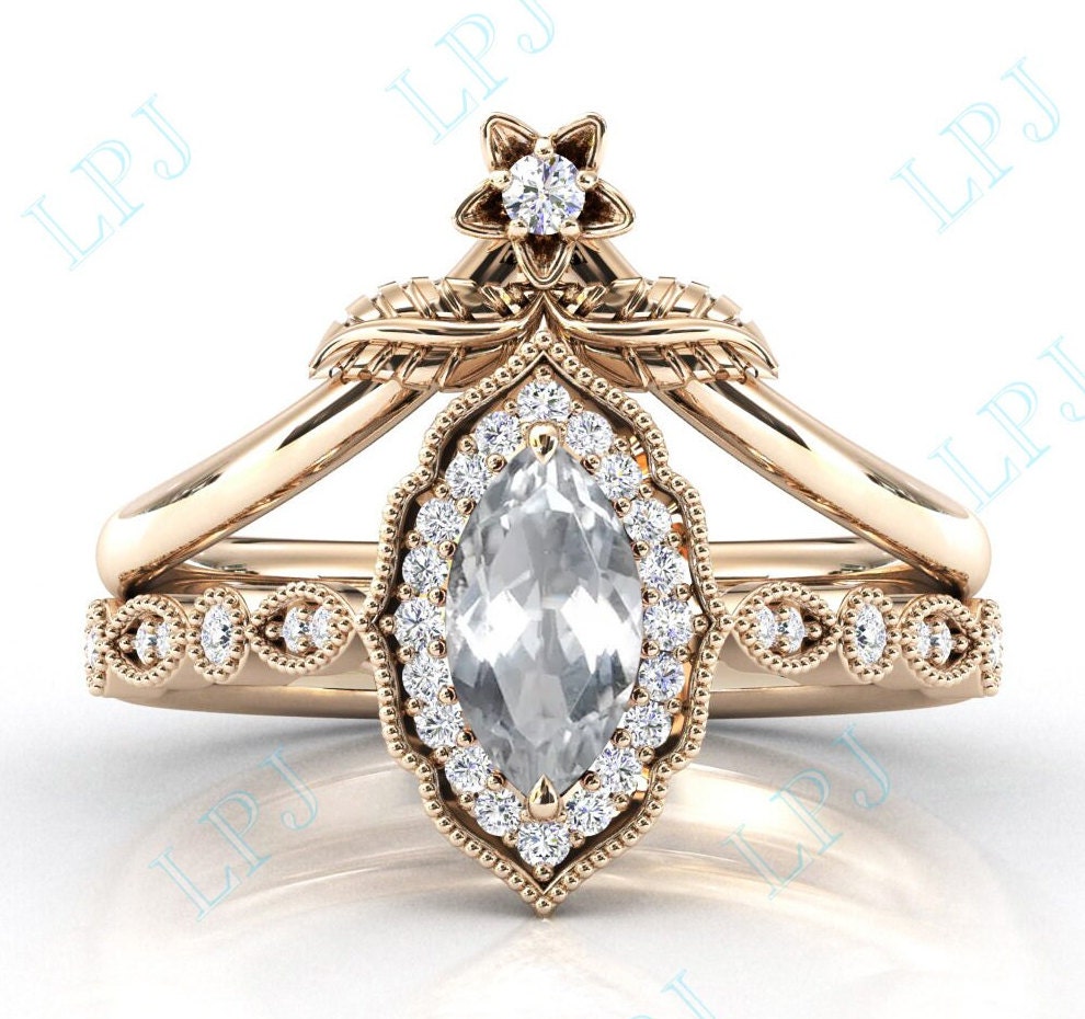 Art Deco Weißtopas Verlobungsring Set Sterling Silber Weiß Topas Ehering Jahrestag Versprechen Ring 2 Stück Für Sie von LiverpoolJewelry