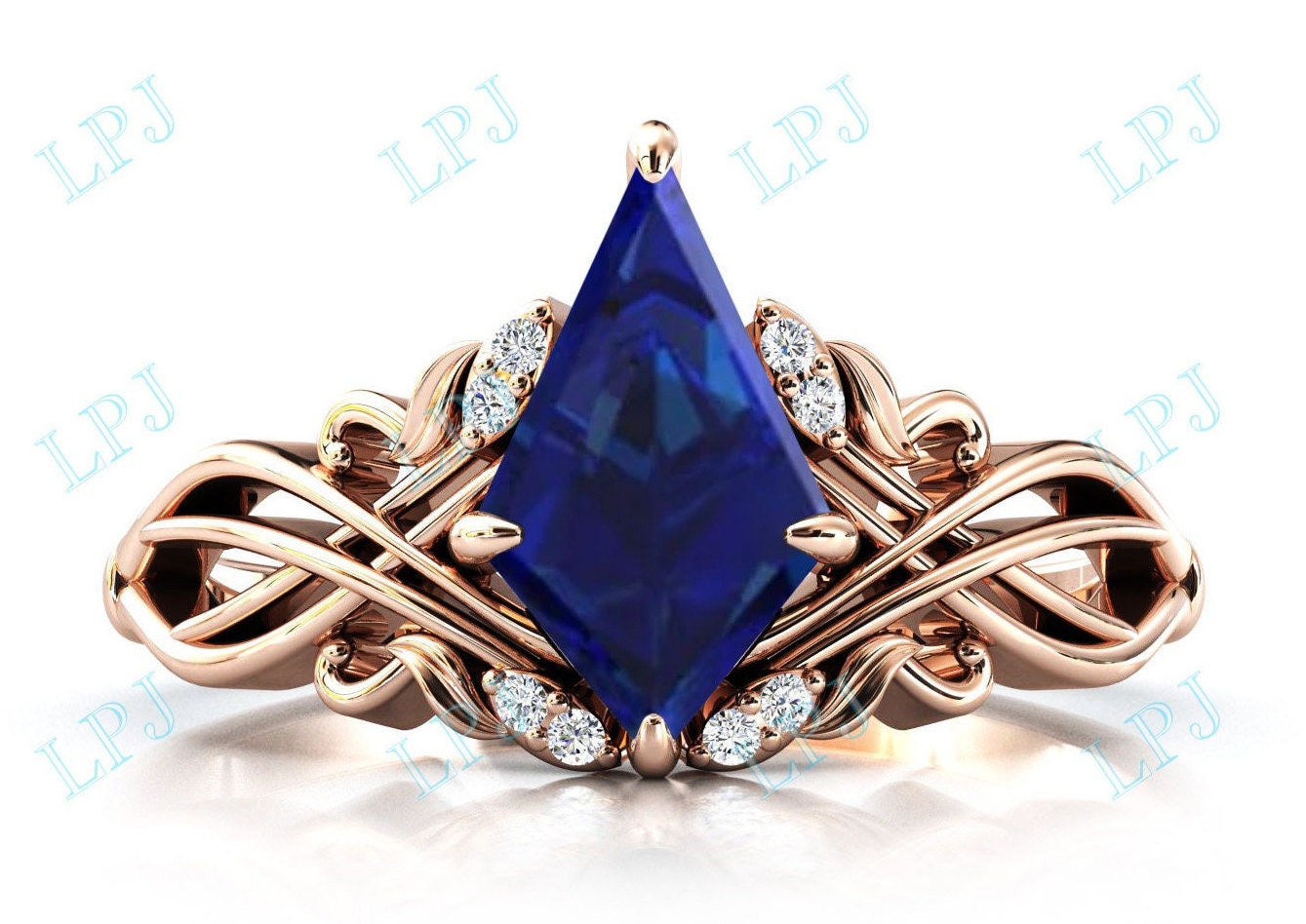 Drachenförmiger Blauer Saphir Verlobungsring 14K Roségold Brautring Blauer Edelstein Ehering Art Deco Jubiläumsring von LiverpoolJewelry