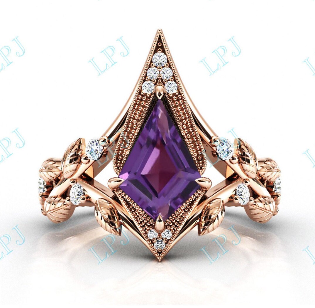 Einzigartiger Amethyst Hochzeitsring Frauen Art Deco Blatt Engagememt Ring 14K Gold Kite Brautring Jahrestag von LiverpoolJewelry