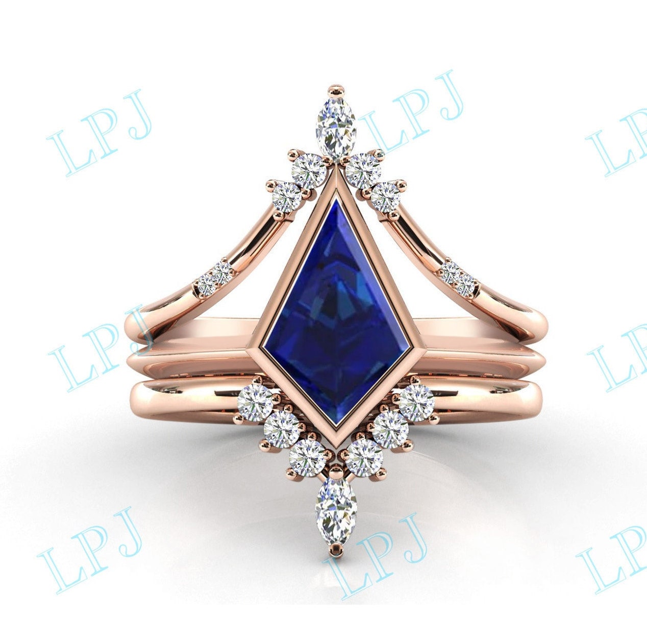 Einzigartiger Drachenförmiger Blauer Saphir Verlobungsring Set Art Deco Antiker Ehering 14K Gold Blau Brautring von LiverpoolJewelry