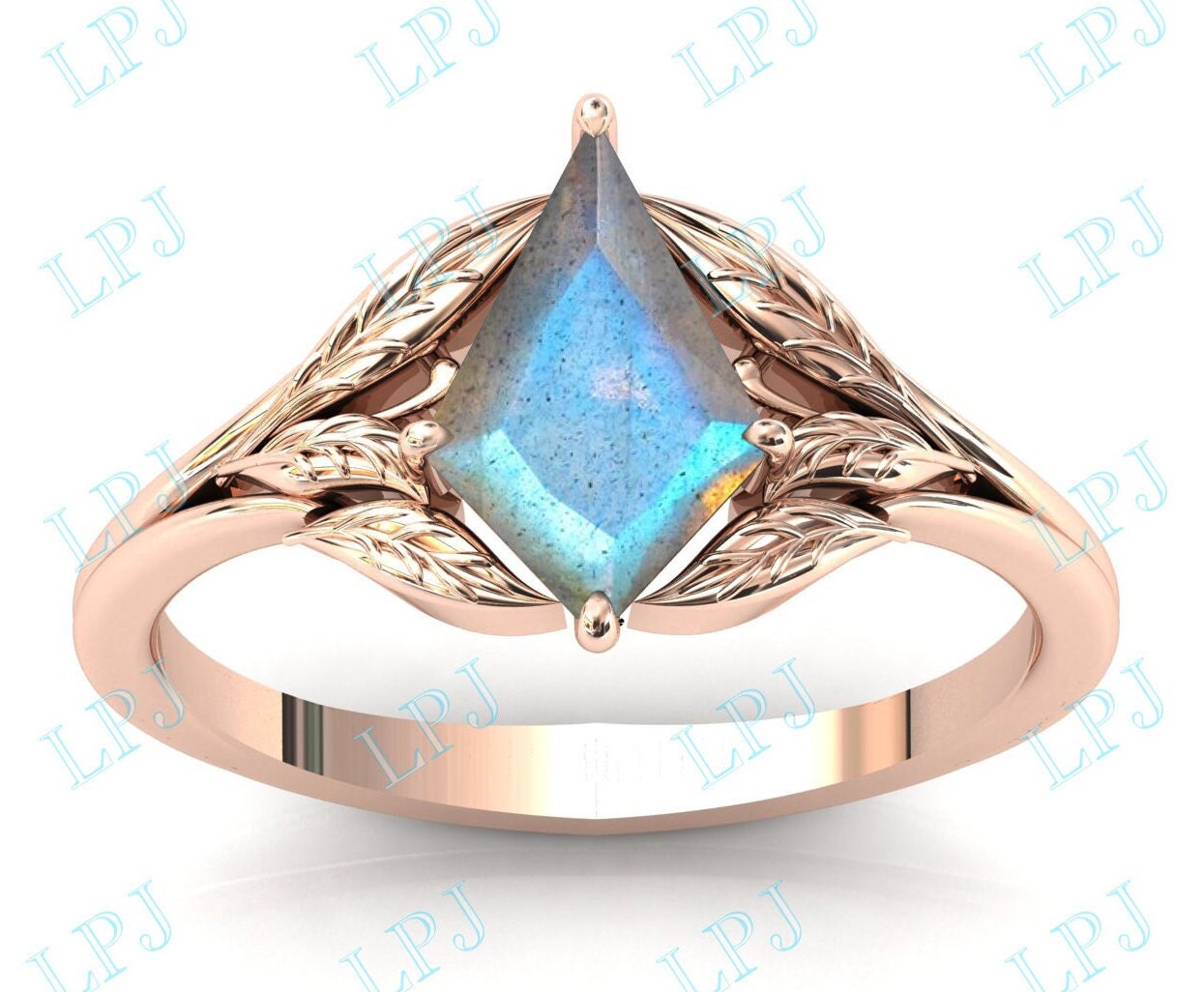 Einzigartiger Kite Shaped Labradorit Verlobungsring Art Deco Vintage Blatt Stil Ehering Roségold Braut Versprechen Ring Für Sie von LiverpoolJewelry