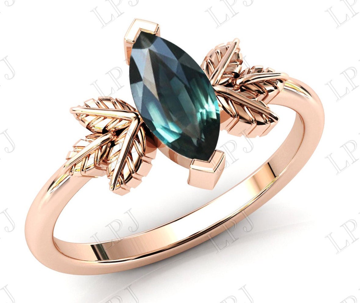 Farbwechsel Saphir Verlobungsring Für Frauen Teal Braut Ring Art Deco Grün Blau Blatt Ehering von LiverpoolJewelry