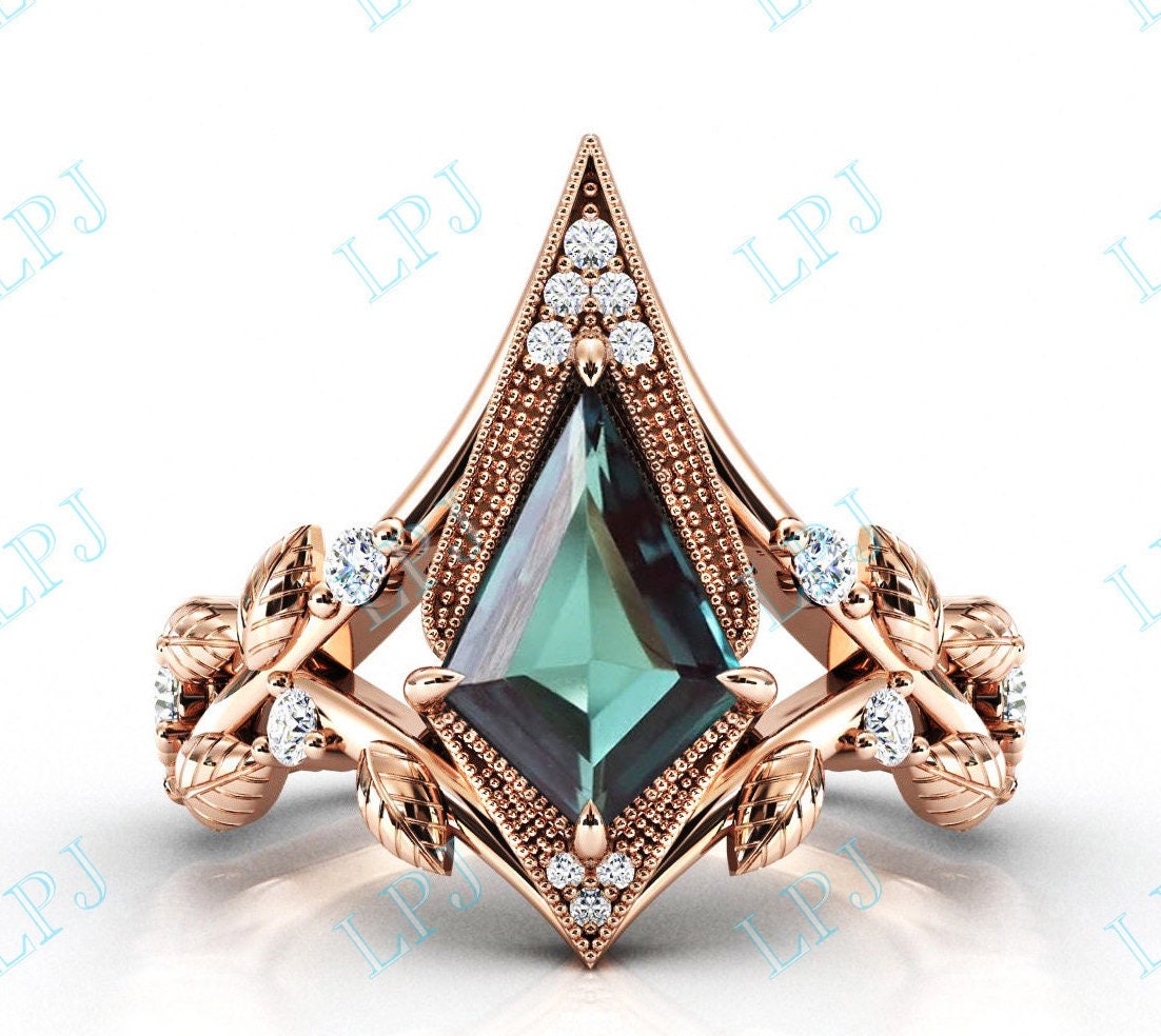 Farbwechsel Teal Saphir Kite Verlobungsring Frauen Art Deco Blatt Ehering Grün Blau Ring Jahrestag von LiverpoolJewelry