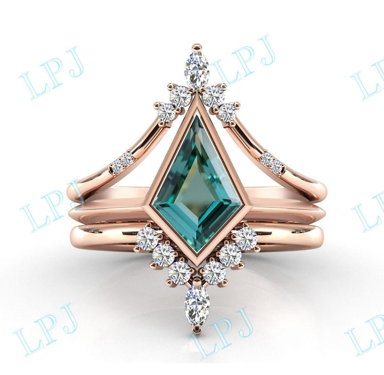 Grüner Paraiba Turmalin Ehering Set Art Deco Kite Shaped Verlobungsring Vintage Jubiläum 2 Stück Ring von LiverpoolJewelry