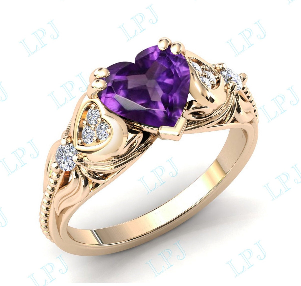 Herzförmige Amethyst Ehering 14K Gold Art Deco Braut Versprechen Ring Herzform Verlobungsring Jahrestag Geschenk von LiverpoolJewelry