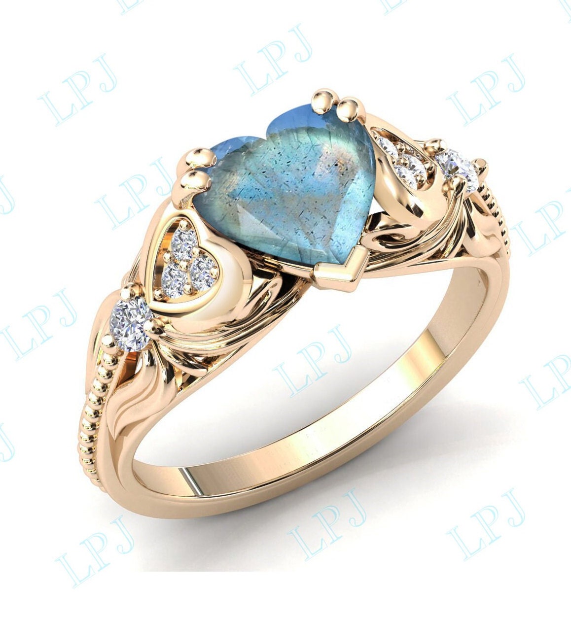 Herzförmiger Labradorit Verlobungsring Für Frauen Art Deco Edelstein Ring Damen Jahrestag Herzform von LiverpoolJewelry