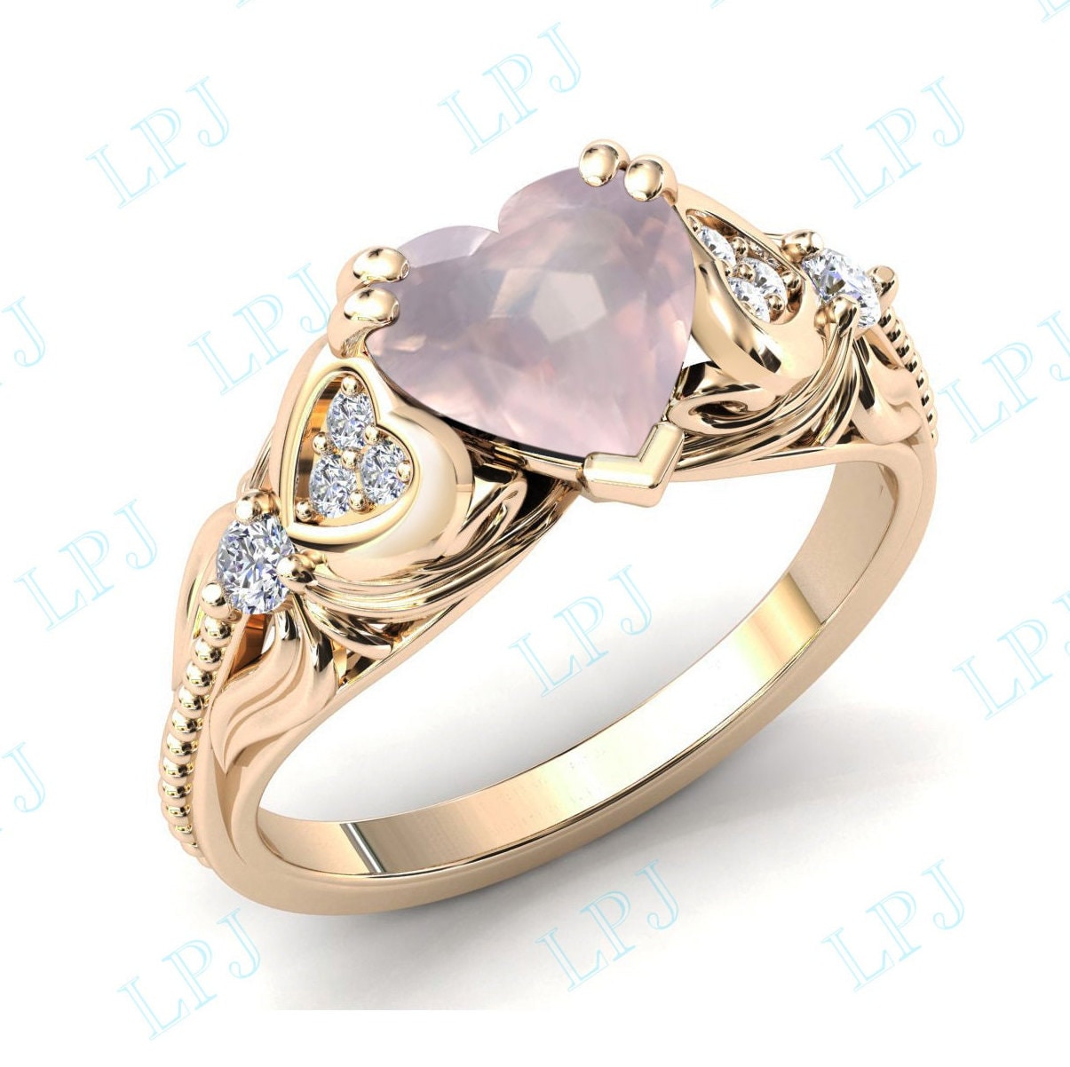 Herzförmiger Rosenquarz Verlobungsring 14K Gold Art Deco Ehering Herzform Braut Jahrestag Versprechen Ring von LiverpoolJewelry