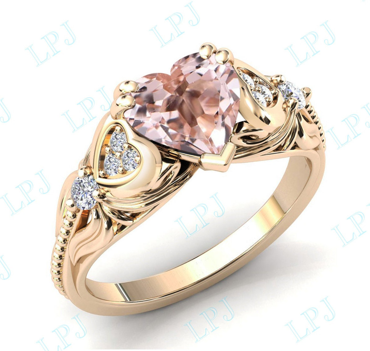 Herzform Morganit Verlobungsring Art Deco Hochzeit Ring Für Frauen Pfirsich Pink Versprechen von LiverpoolJewelry