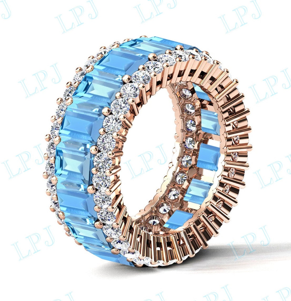 Himmel Blautopas Verlobungsband Frauen Smaragd Eternity Ehering 14K Rose Gold Braut Jahrestag Versprechen Ring von LiverpoolJewelry