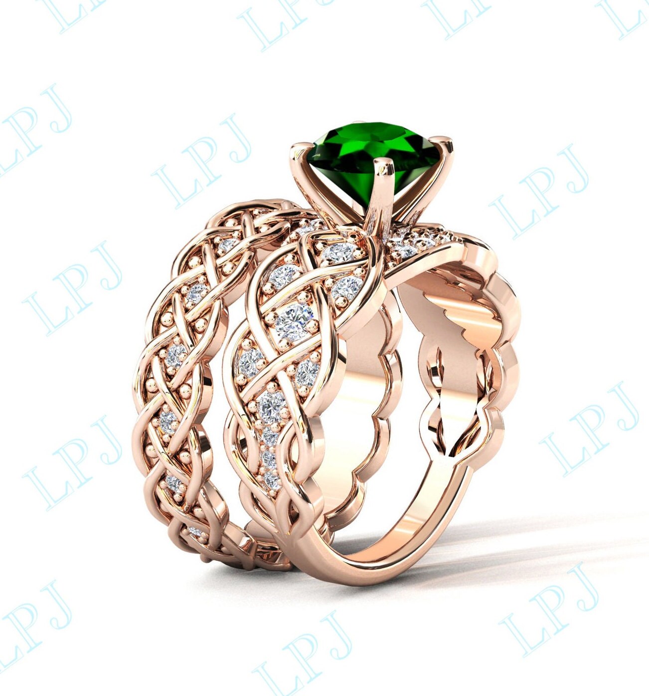 Infinity Stil Chrom Diopside Verlobungsring Set Rosegold Brautring 14K Gold Vintage Grün Edelstein Ehering von LiverpoolJewelry