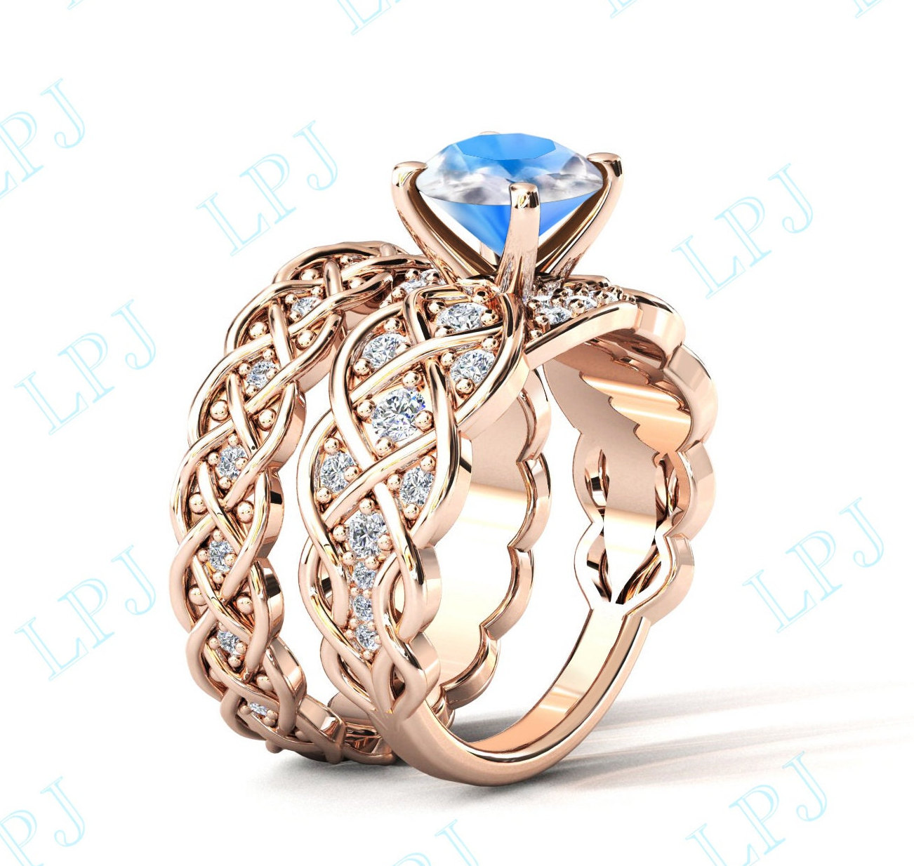 Infinity Stil Mondstein Verlobungsring Set Für Frauen 925 Silber Ehering 14K Rose Gold Art Deco Braut Versprechen Ring von LiverpoolJewelry