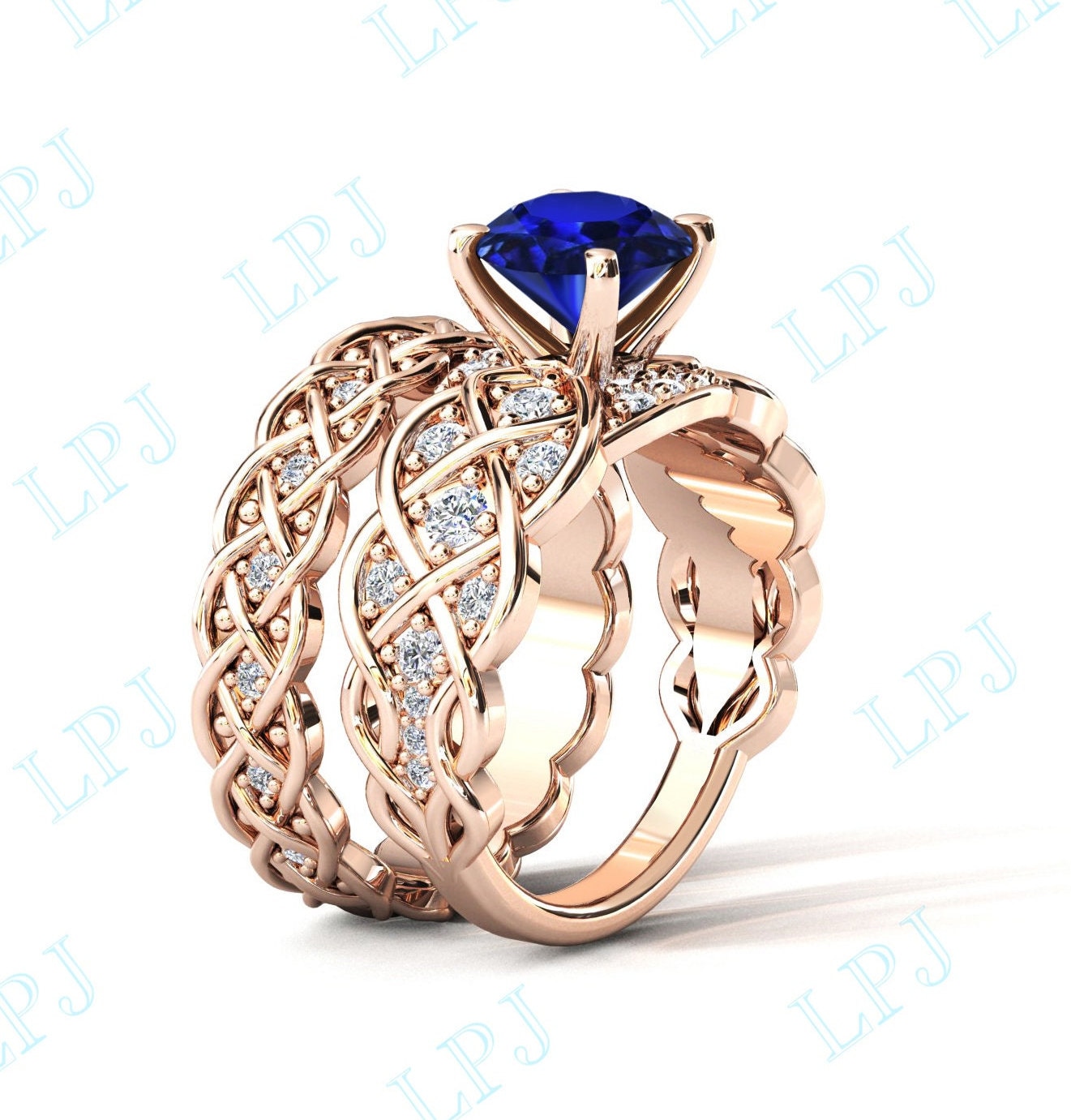 Infinity Style Blau Saphir Verlobungsring Set 14K Gold Art Deco Braut Versprechen Ring Jahrestag Geschenk Frauen von LiverpoolJewelry