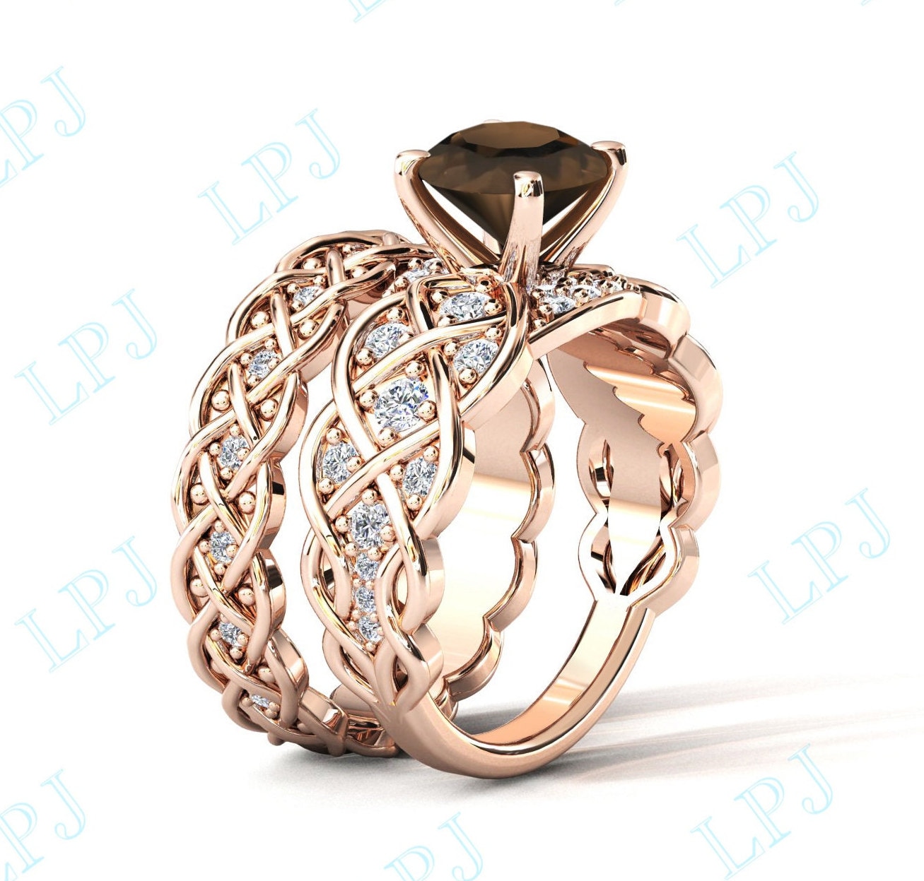 Infinity Style Rauchquarz Verlobungsring Set Rosegold Ehering Für Frauen Braun Edelstein 2-Teiliges Ring-Set Braut von LiverpoolJewelry