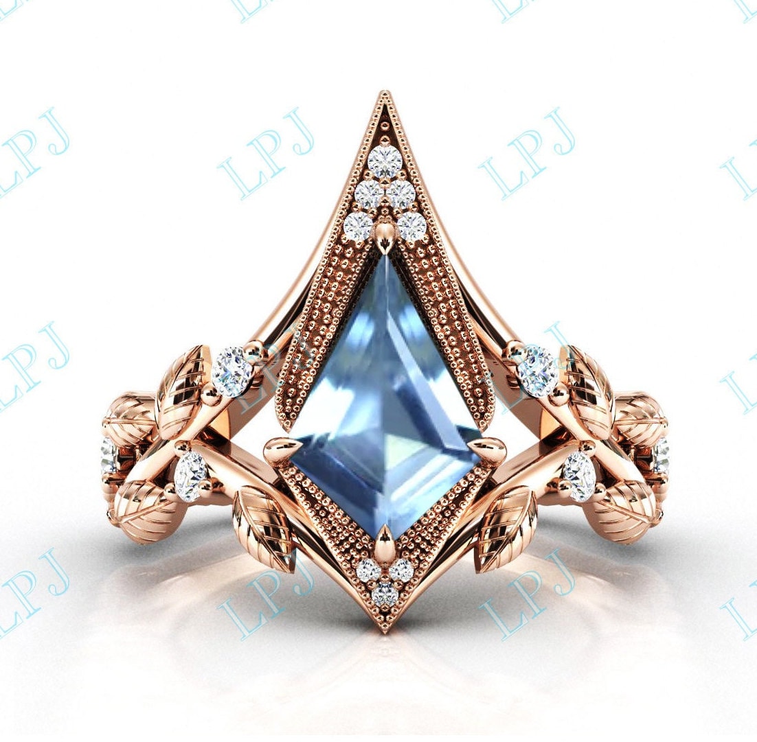 Kite Cut Aquamarin Verlobungsring Für Frauen Art Deco Blatt Ehering 14K Gold Braut Versprechen Ring Jahrestag Geschenk von LiverpoolJewelry