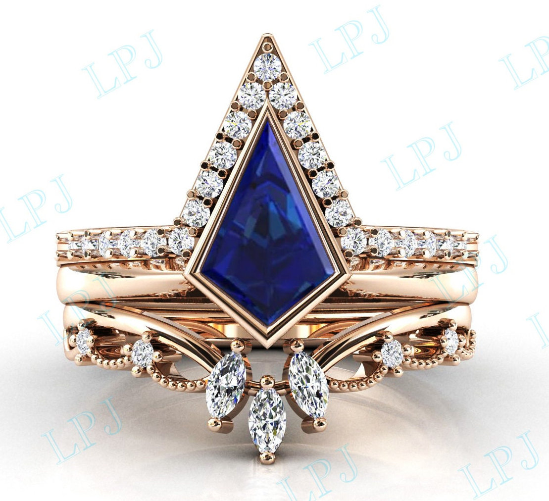 Kite Cut Blue Saphir Verlobungsring Set 14K Gold Blau Ehering Für Frauen Art Deco Unikat Jahrestag Ring von LiverpoolJewelry