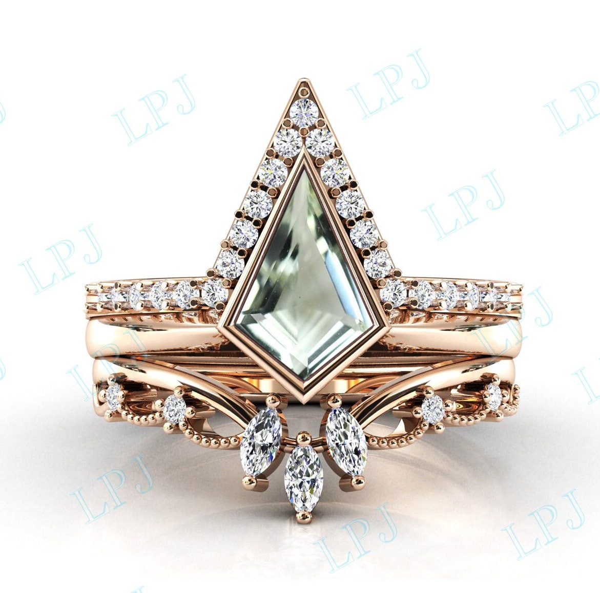 Kite Cut Green Amethyst Verlobungsring Set 925 Silber Grün Brautring Vintage Ehering 3 Stück Ring Für Sie von LiverpoolJewelry