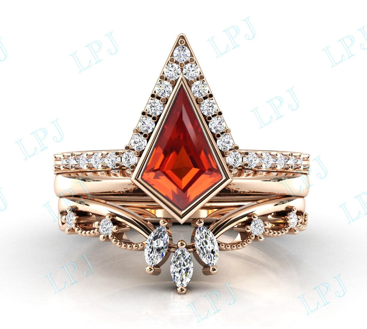 Kite Cut Orange Saphir Verlobungsring Set 14K Gold Art Deco Form Ehering 3 Stück Ring Jahrestag Geschenk von LiverpoolJewelry