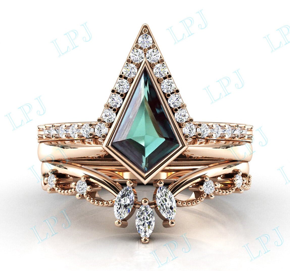 Kite Cut Teal Saphir Verlobungsring Set Art Deco Grün Blau Ehering Für Frauen 14K Gold Ring Unikat Jubiläum von LiverpoolJewelry