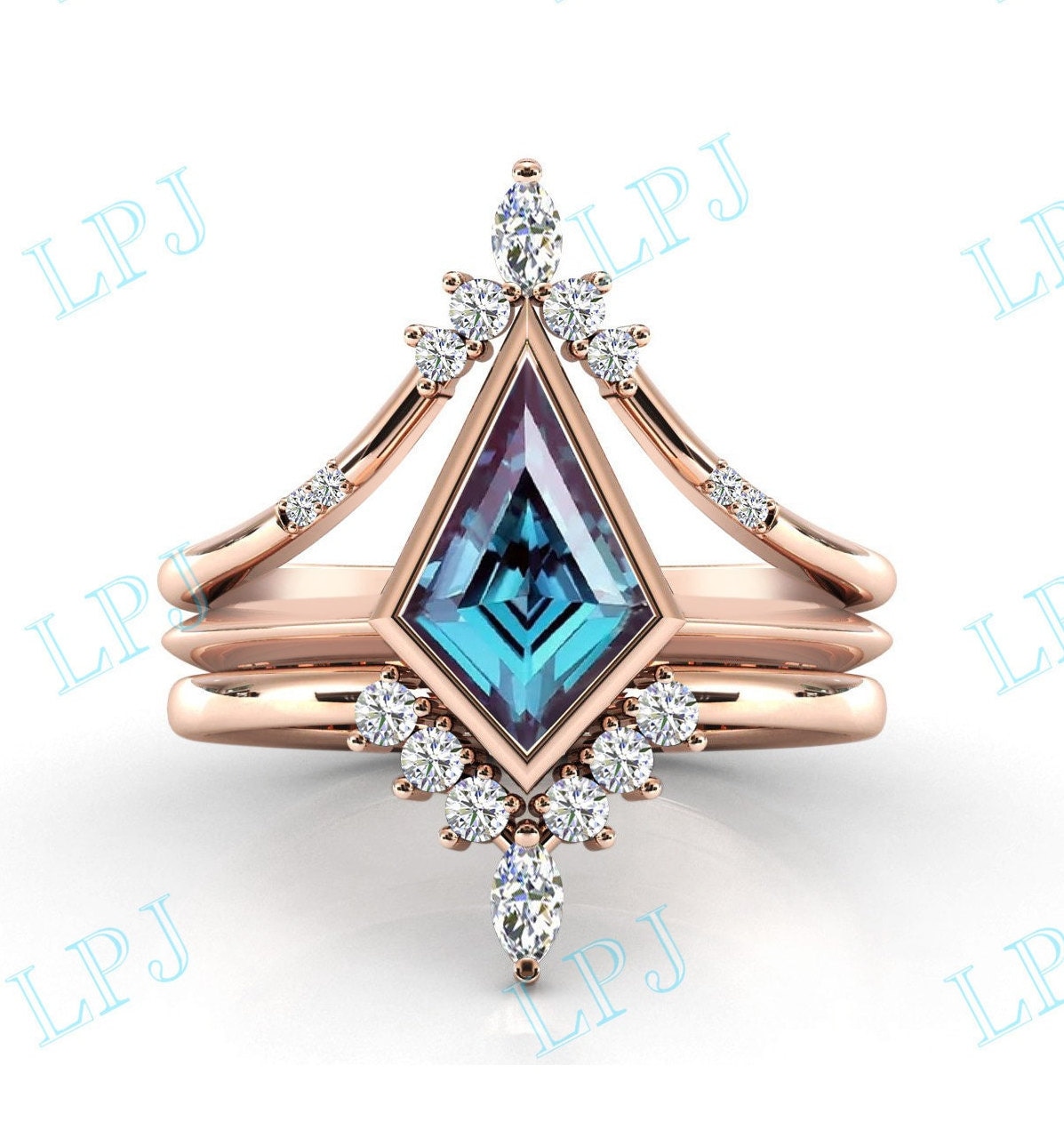 Kite Shaped Alexandrit Verlobungsring Set Für Frauen Art Deco Ehering 14K Gold Alexanrite Braut 3 Stück Ring von LiverpoolJewelry