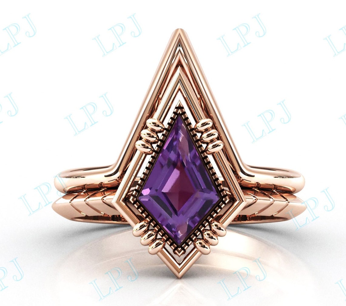 Kite Shaped Amethyst Verlobungsring Set Roségold Ehering Frauen Versprechen Ring Jahrestag Geschenk Unikat Vorschlag von LiverpoolJewelry