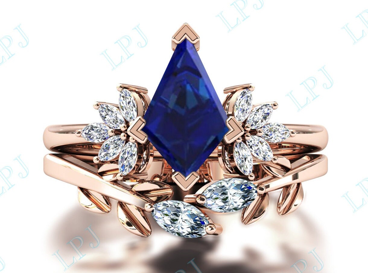 Kite Shaped Blue Saphir Verlobungsring Set Für Frauen Cut Vintage Blau Braut Ehering Unikat Versprechen Ring von LiverpoolJewelry