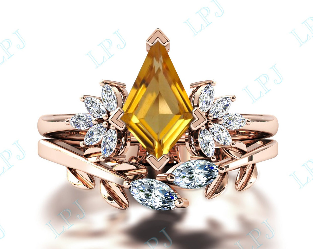 Kite Shaped Citrin Verlobungsring Set Für Frauen 14K Gold Art Deco Ehering Cut Braut Versprechen Ring von LiverpoolJewelry