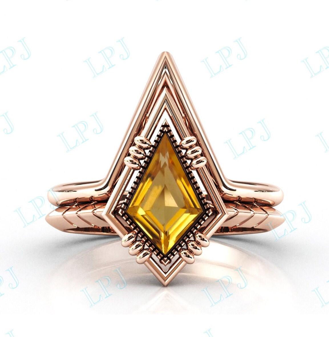 Kite Shaped Citrin Verlobungsring Set Roségold Braut Versprechen Ring Cut Ehering 2 Stück von LiverpoolJewelry