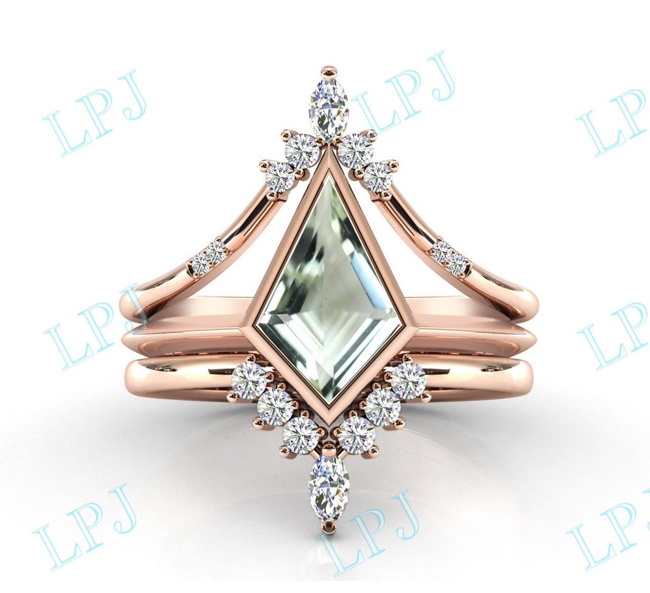 Kite Shaped Grüner Amethyst Verlobungsring Set Für Frauen Rose Gold Grün Ehering Antik 3 Stück Brautring von LiverpoolJewelry