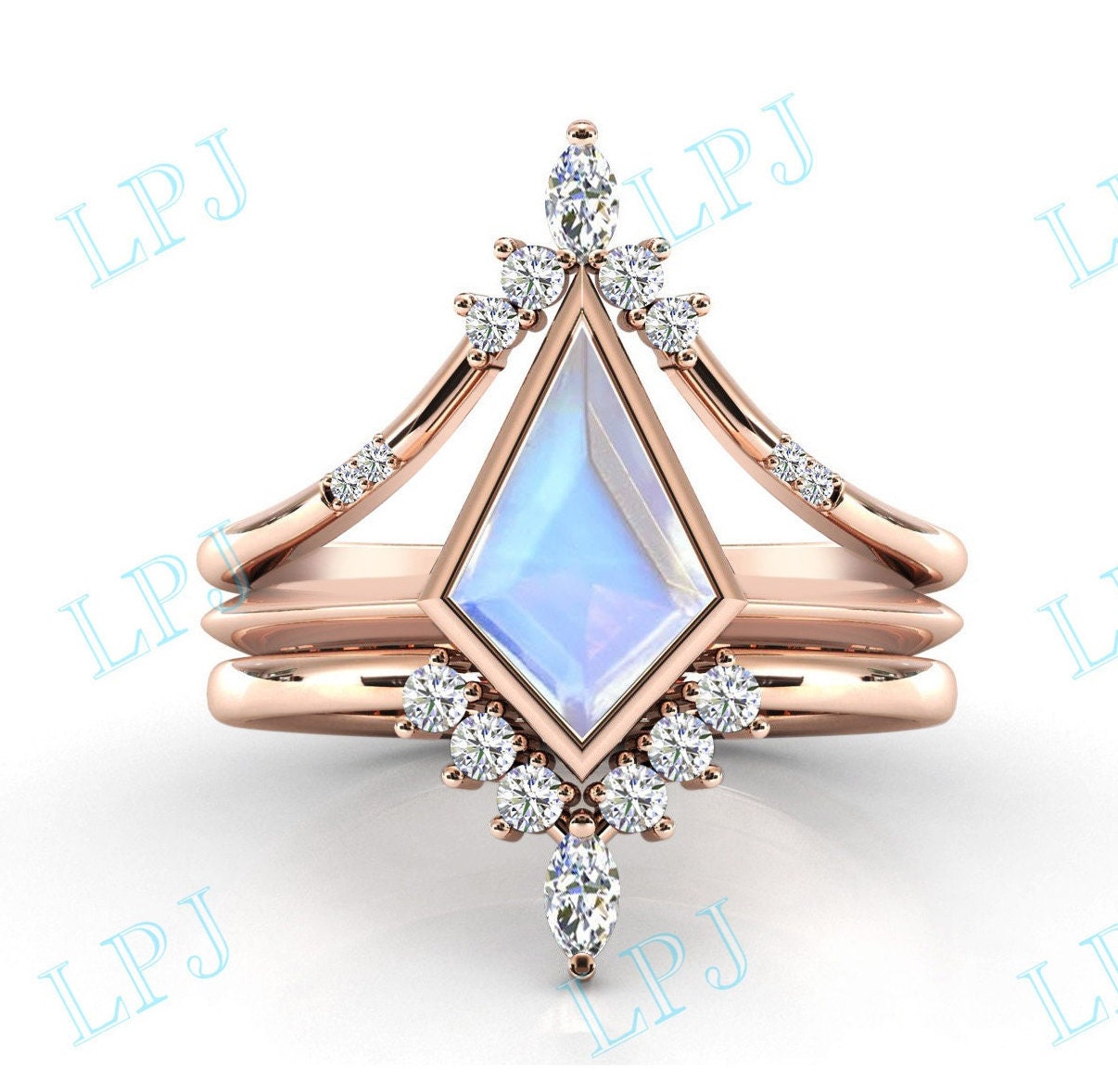 Kite Shaped Mondstein Ehering Set Rosegold Verlobungsring Art Deco Unikat Brautring Für Sie von LiverpoolJewelry