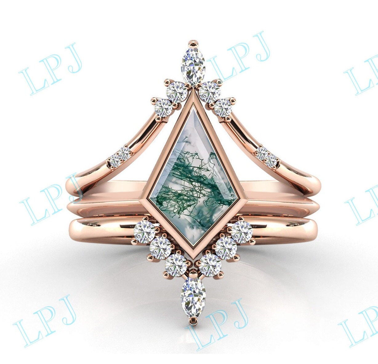 Kite Shaped Moose Achat Ehering Set Art Deco Verlobungsring 14K Gold Braut Versprechen Ring Für Sie von LiverpoolJewelry