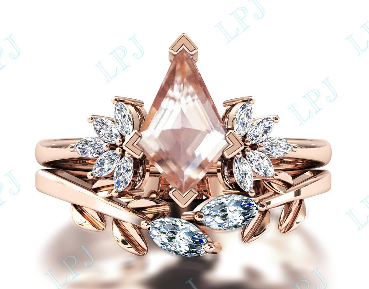 Kite Shaped Morganit Verlobungsring Set 14K Gold Art Deco Ehering Cut Brautring Versprechen Ring von LiverpoolJewelry