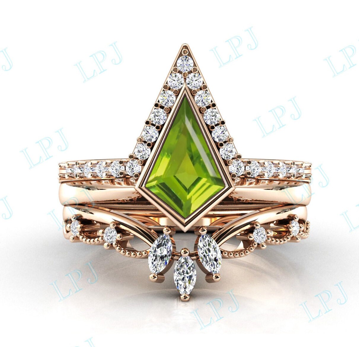 Kite Shaped Peridot Verlobungsring Set 14K Gold Ehering Braut Ring 3 Stück von LiverpoolJewelry