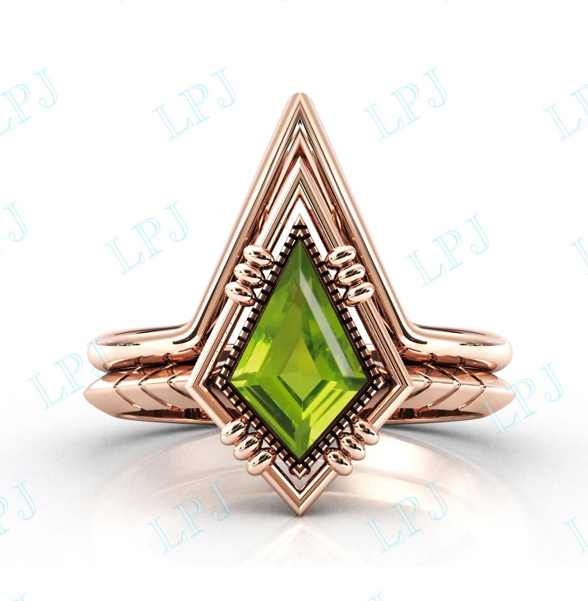 Kite Shaped Peridot Verlobungsring Set Rosegold Ehering Art Deco Vintage Brautring Jahrestag Geschenk von LiverpoolJewelry