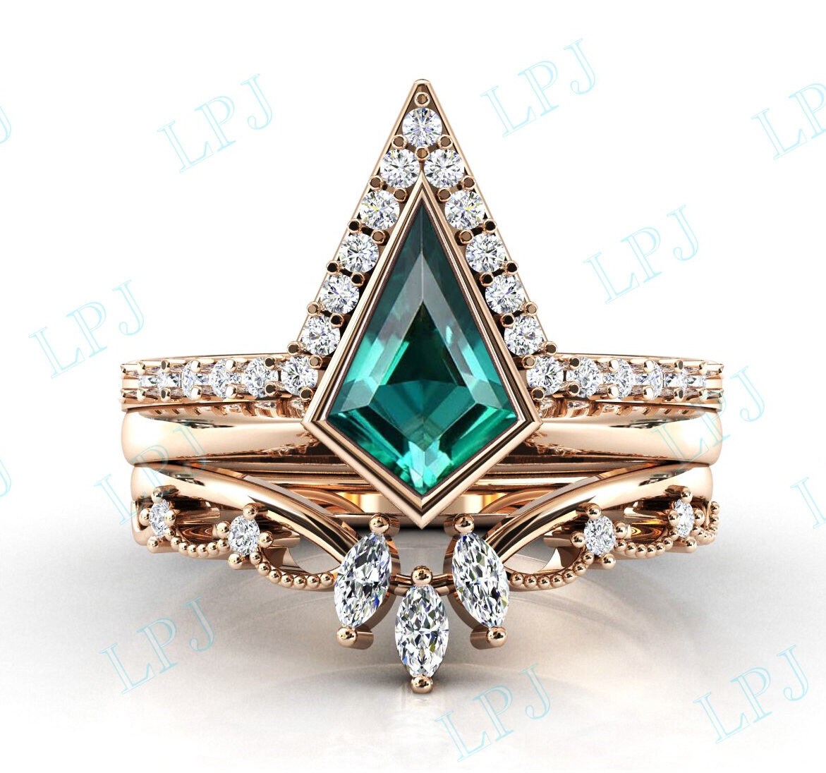 Kite Shaped Smaragd Verlobungsring Set 925 Silber Art Deco Ehering 3 Stück Ring Unikat Jubiläum von LiverpoolJewelry