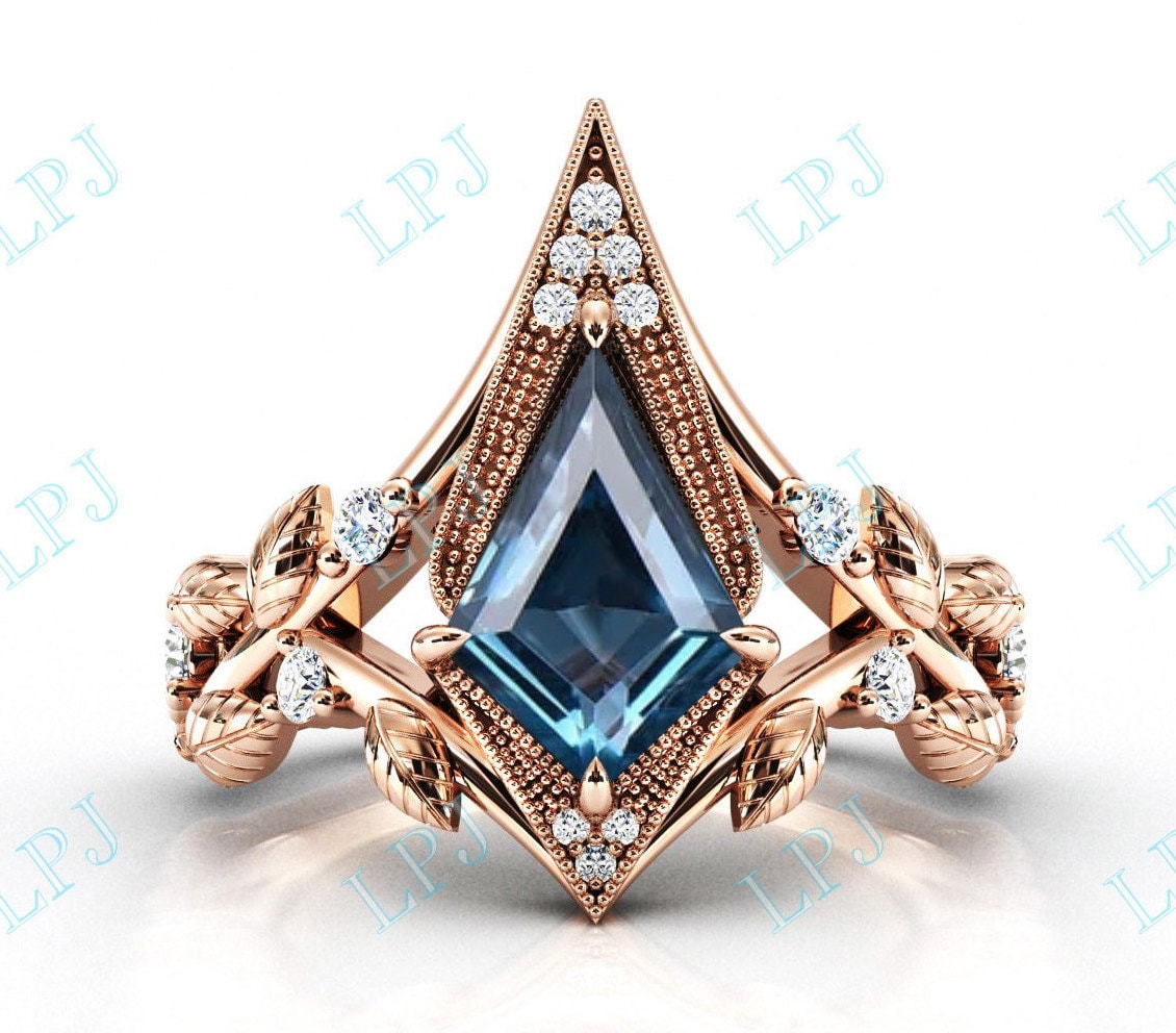 London Blauer Topas Verlobungsring Für Frauen 14K Gold Blauer Drachen Ehering Art Deco Blatt Stil Ring Antique Braut Jahrestag von LiverpoolJewelry