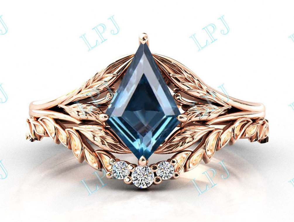 London Blautopas Verlobungsring Set Art Deco Blatt Ehering Für Frauen 14K Gold Blautopas Braut Jahrestag Versprechen Ring von LiverpoolJewelry