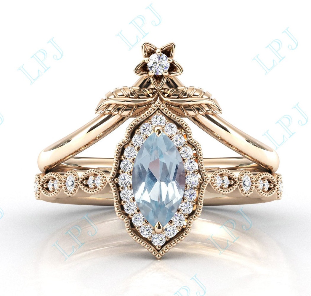 Marquise Cut Aquamarin Verlobungsring Set 14K Gold Vintage Heiligenschein Ehering Aqumarin 2 Stück Ring Jahrestag Geschenk von LiverpoolJewelry