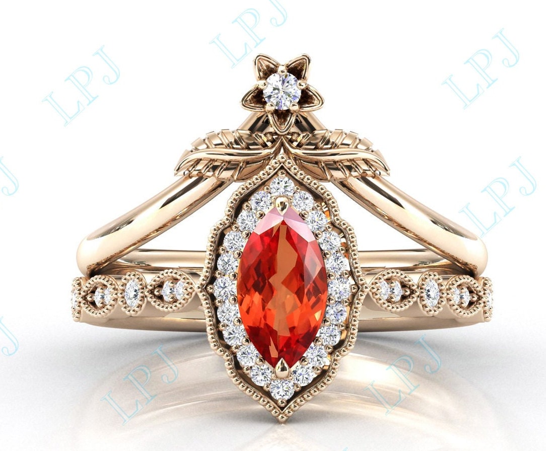 Marquise Cut Orange Saphir Ehering Set 14K Gold Vintage Art Deco Verlobungsring Für Frauen Jahrestag Geschenk von LiverpoolJewelry