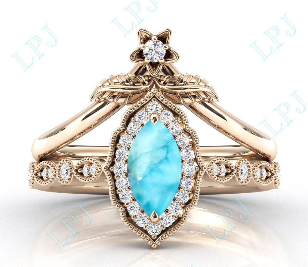 Marquise Larimar Verlobungsring Set 14K Gold Art Deco Ehering Unikat Jahrestag Geschenk Für Frauen Vintage Ring von LiverpoolJewelry