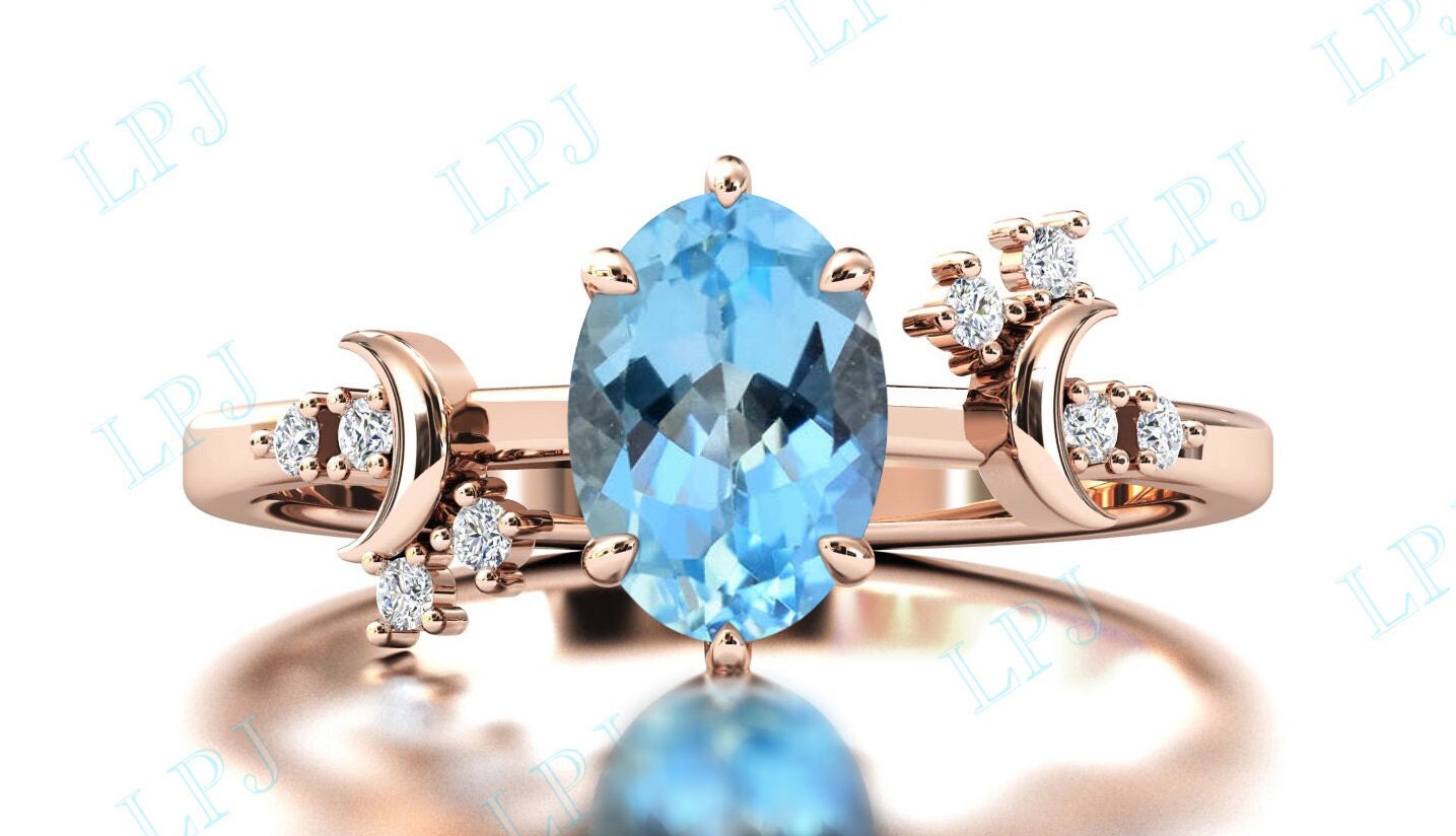 Mond Meines Lebens Himmel Blau Topas Verlobungsring 14K Gold Blautopas Art Deco Ehering Stil Ring Für Frauen Unikat Jahrestag von LiverpoolJewelry