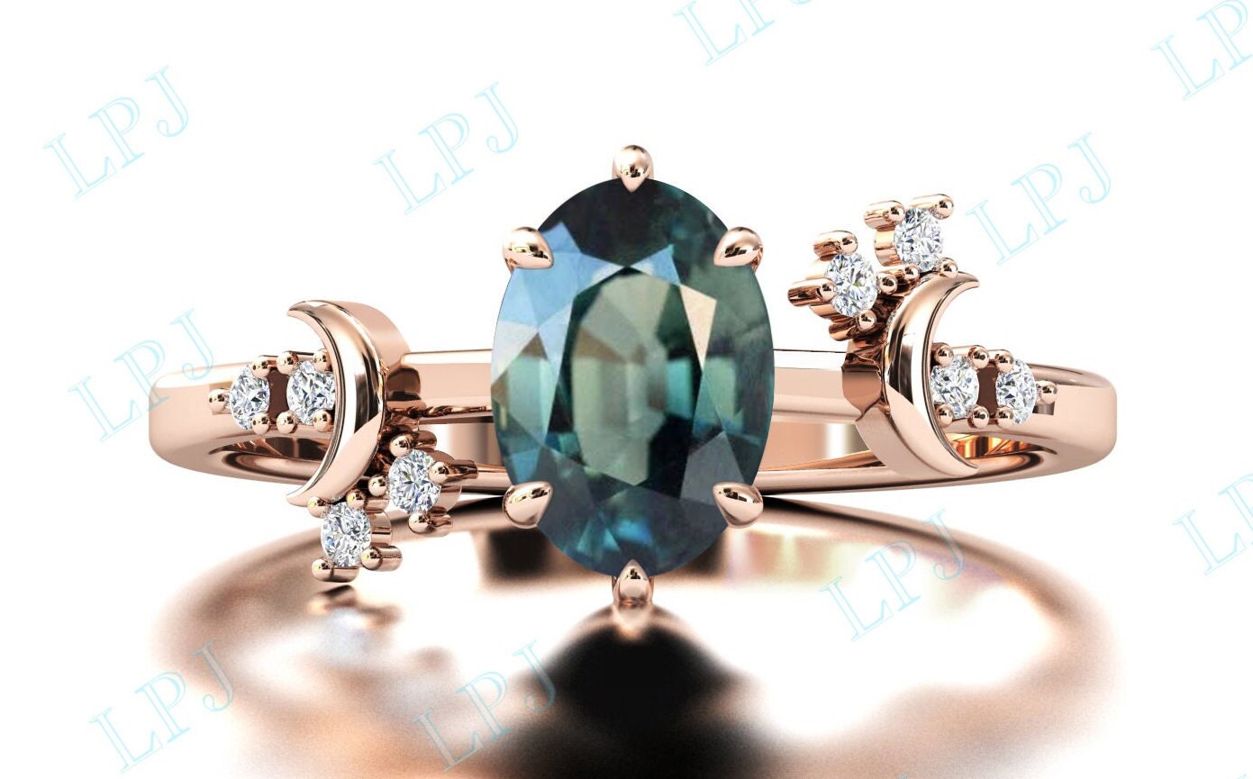 Mond Meines Lebens - Ovaler Grüner Blauer Saphir Verlobungsring Für Frauen Teal Ehering Set 14K Gold Grün Blau Brautring von LiverpoolJewelry