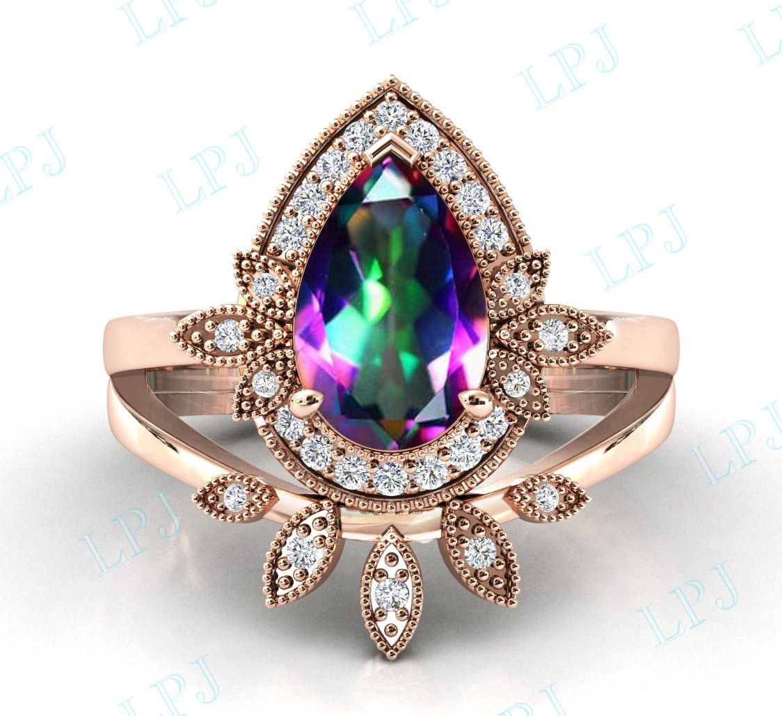 Mystisch Topas Verlobungsring Set 14K Gold Vintage Mystic Topaz Ehering Art Deco Brautring Antik Jahrestag Ring Für Frauen von LiverpoolJewelry