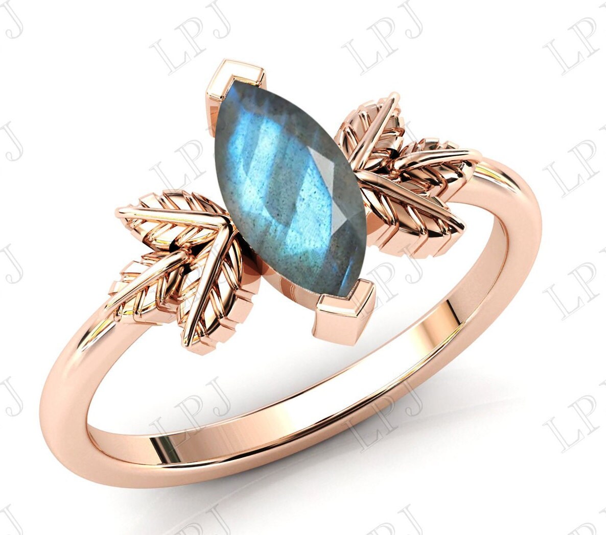 Natural Leaf Labradorit Verlobungsring Art Deco Frauen Ehering Roségold Braut Versprechen Ring Jahrestag Geschenk von LiverpoolJewelry