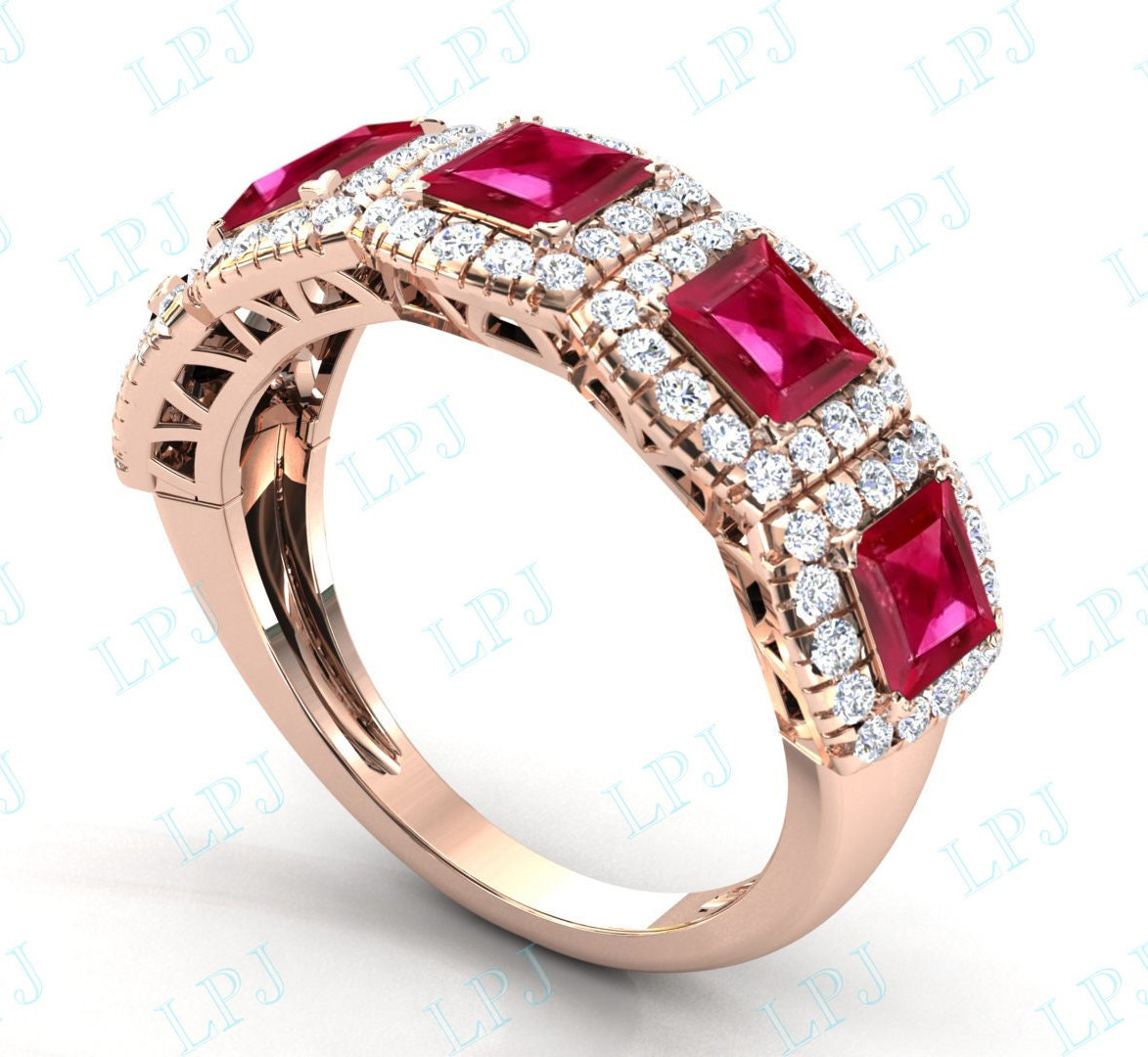 Prinzessin Cut Rubin Verlobungsband 14K Roségold Ehering Halb Ewigkeit Brautband Unikat Jahrestag Versprechen Ring Geschenk Für Frauen von LiverpoolJewelry