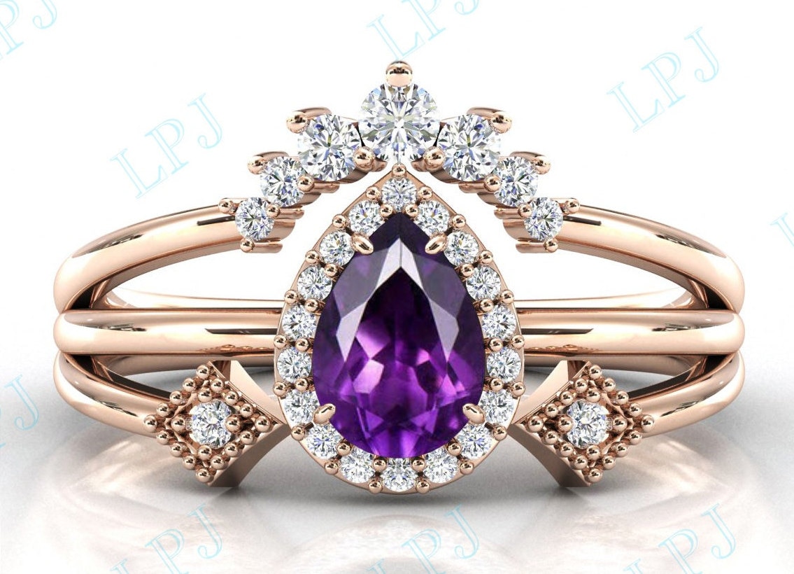 Tropfen Amethyst Verlobungsring Set Natürlicher Ehering 14K Gold Ring Für Frauen 925 Silber Braut von LiverpoolJewelry