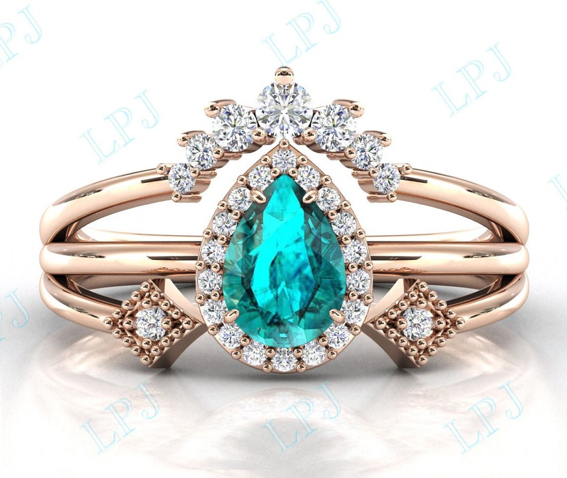 Tropfen Paraiba Turmalin Verlobungsring Set Vintage Art Deco Ehering 14K Gold Brautring Geschenk von LiverpoolJewelry