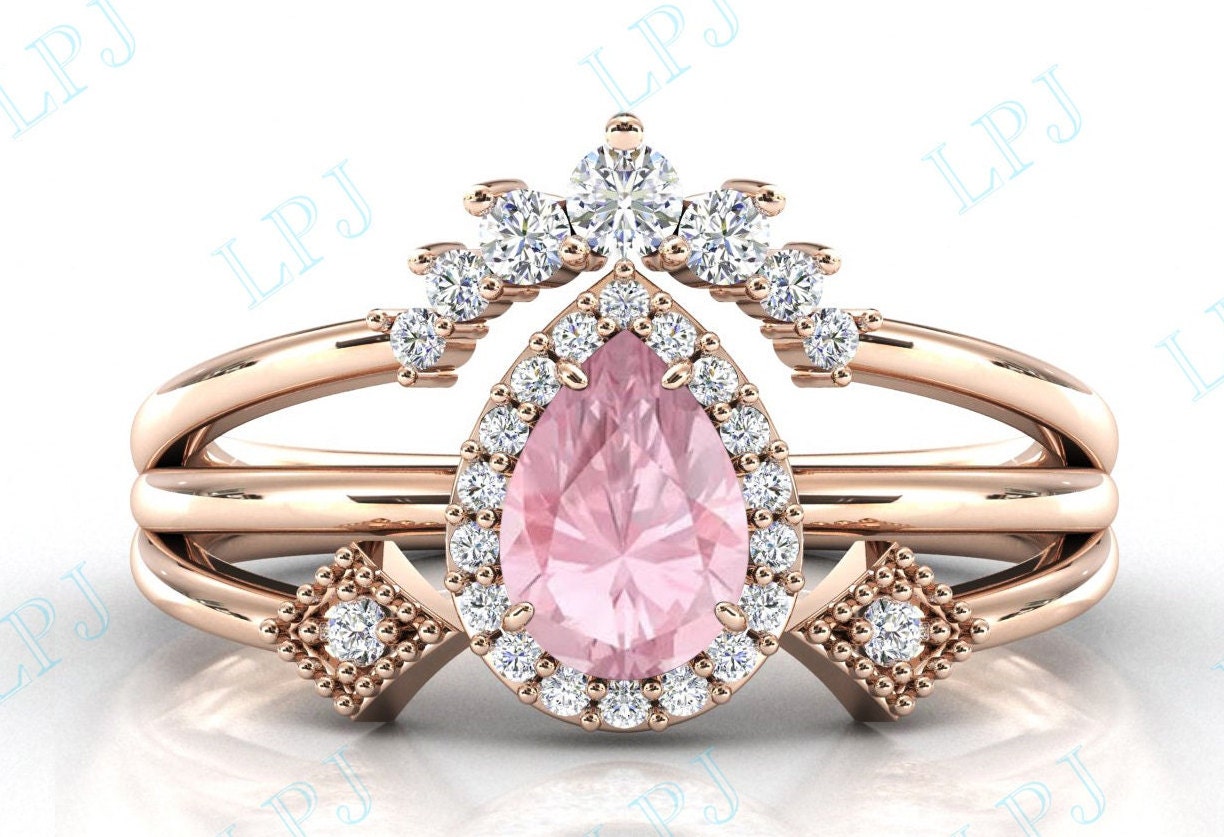 Tropfen Pink Morganit Verlobungsring Set 14K Gold Rosa Art Deco Ehering Pear Cut Braut Ring von LiverpoolJewelry