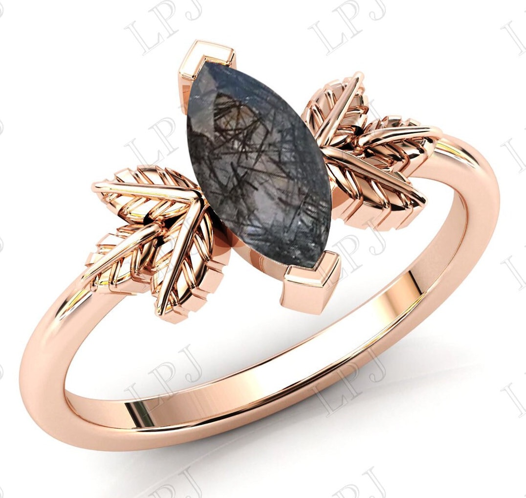 Vintage Blatt Stil Rutilquarz Verlobungsring Roségold Rutil Ehering 925 Silber Schwarz Braut Jahrestag Ring von LiverpoolJewelry